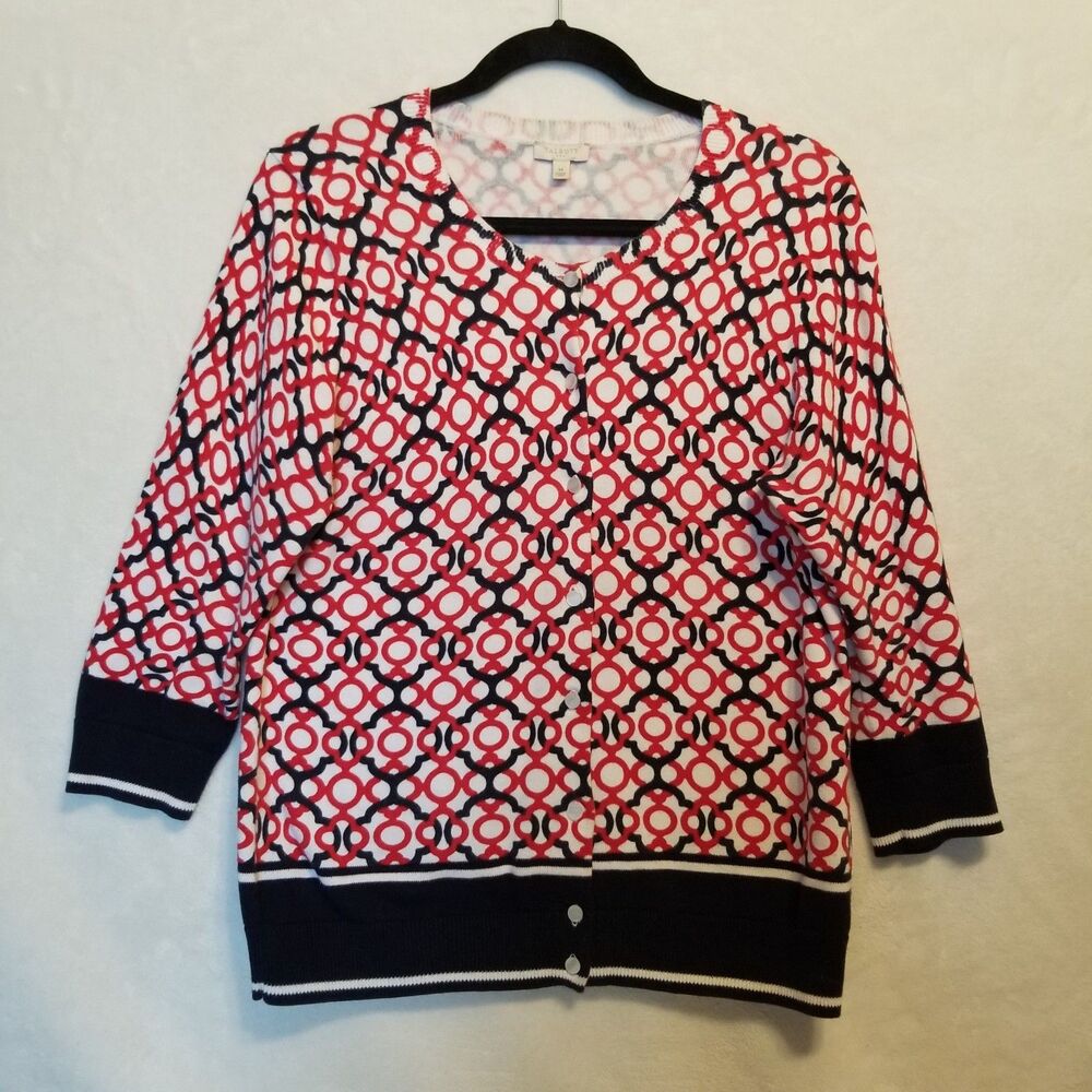 Talbots M Cardigan Sweater Red White Blue Button Front 3/4 Sleeve Cotton Preppy